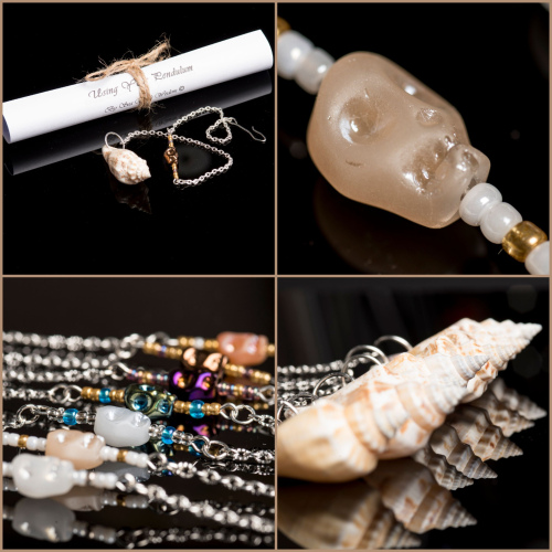 DOWSING PENDULUM Spiral Sea Shell with PEACH GLASS SKULL Beading