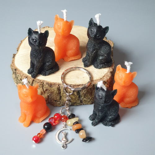 Set of 6 BLACK & ORANGE Magic CAT Candles + Gemstone Keyring (Black & Amber Edition)