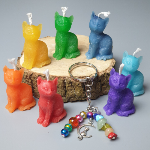 Set of 7 CHAKRA RAINBOW Magic CAT Candles + Gemstone Keyring