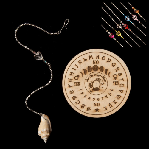 Natural Spiral Sea Shell Dowsing Pendulum with HEART Embellishment & Wooden Dowsing Board (7 COLOURS TO CHOOSE FROM)