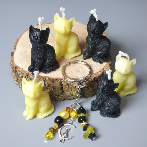 Set of 6 BLACK & YELLOW Magic CAT Candles + Gemstone Keyring (Bumble Bee Edition)