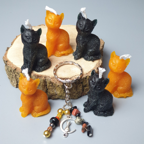 Set of 6 BLACK & GOLD Magic CAT Candles + Gemstone Keyring