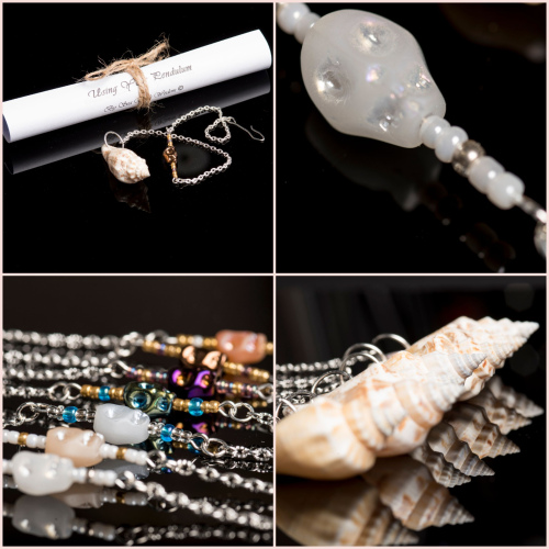 DOWSING PENDULUM Spiral Sea Shell with PEARLESCENT GLASS SKULL Beading