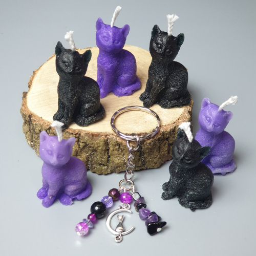 Set of 6 BLACK & PURPLE Magic CAT Candles + Gemstone Keyring (1)