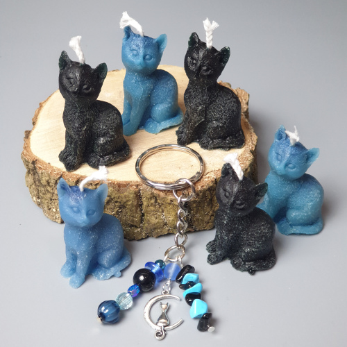 Set of 6 BLACK & BLUE Magic CAT Candles + Gemstone Keyring